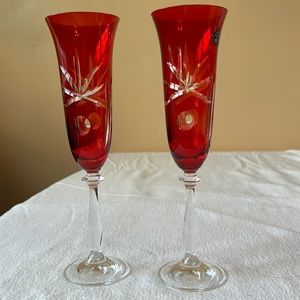 Pair of Murano Cranberry Flute Wine Glasses